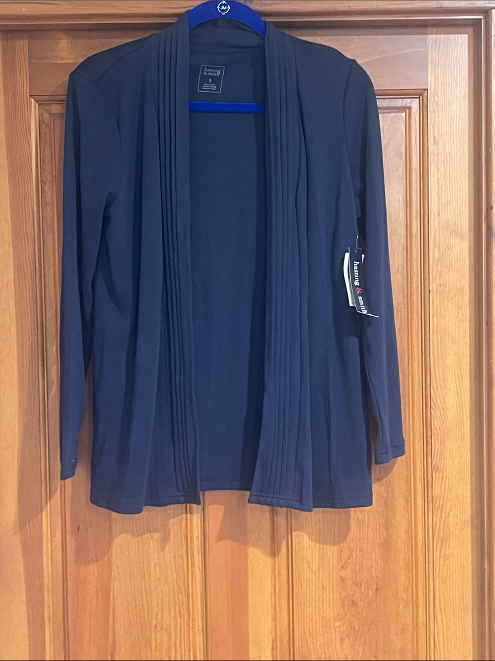 NWT- Hasting and Smith Navy Open-Front Pleated Trim cardigan